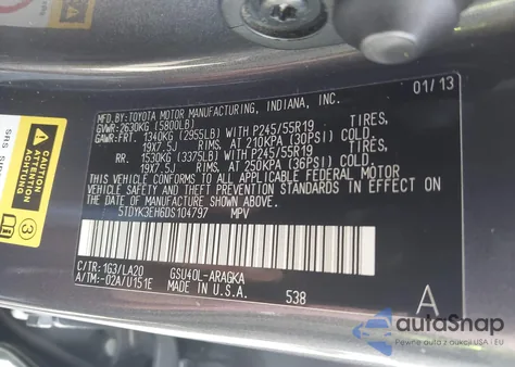 2013 Toyota Highlander Limited V6 z USA, uszkodzony, nr VIN 5TDYK3EH6DS104797